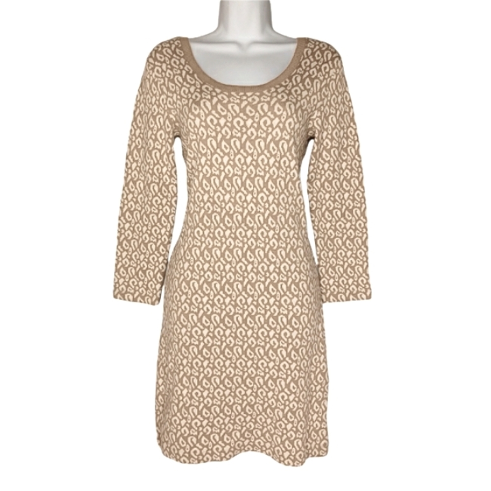 BANANA REPUBLIC Tan And Ivory Leopard Animal Print Medium Sweater Dress